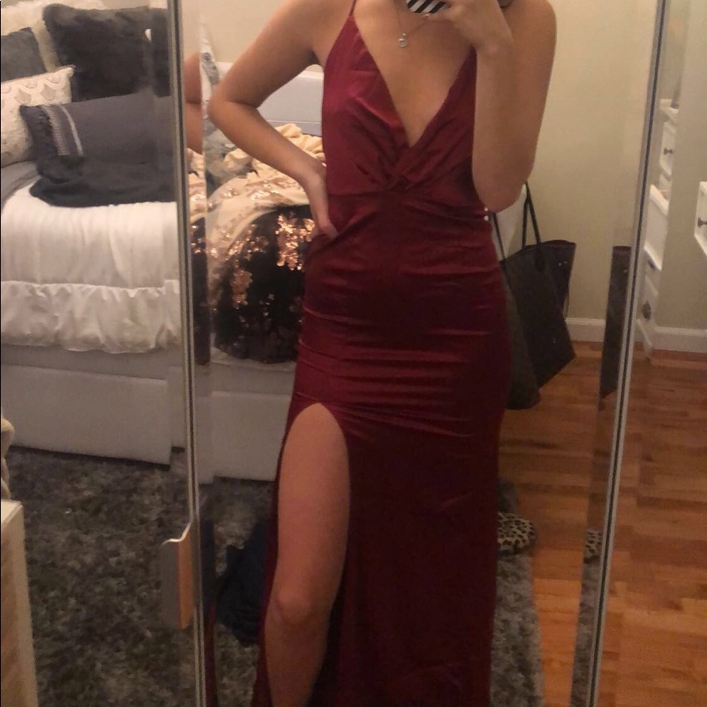 Floor length dark red occasion dress